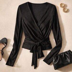 Good American Shimmer Wrap Top Black V Neck Waist Tie Long Sleeve Date Night